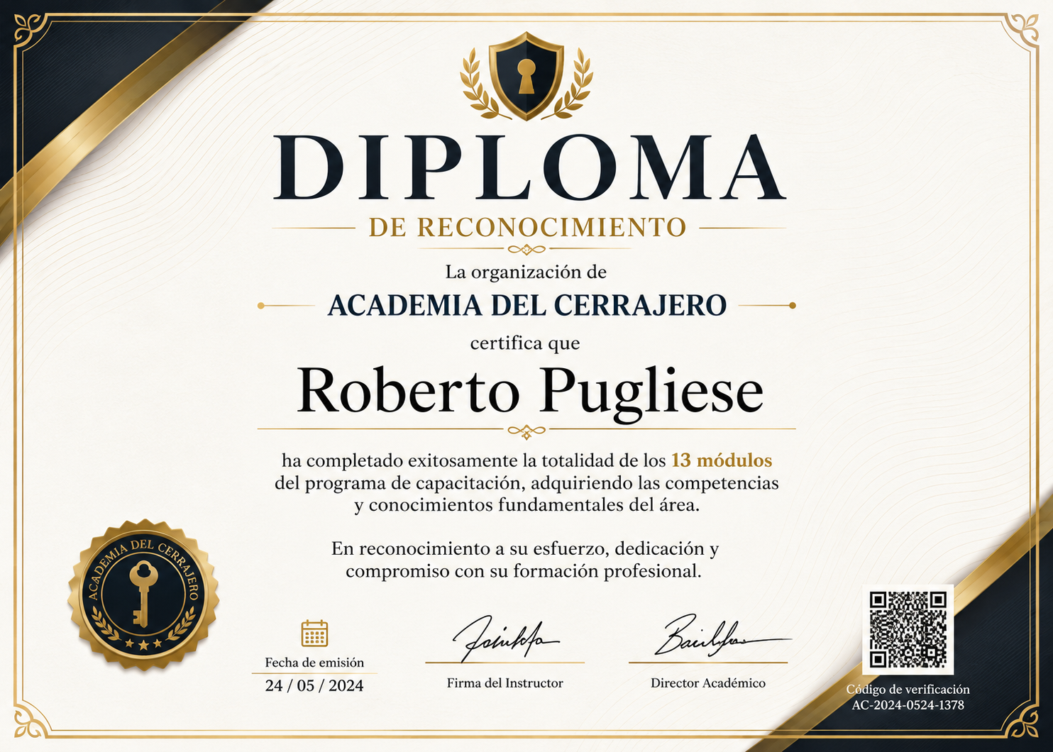 Diploma del curso de cerrajería